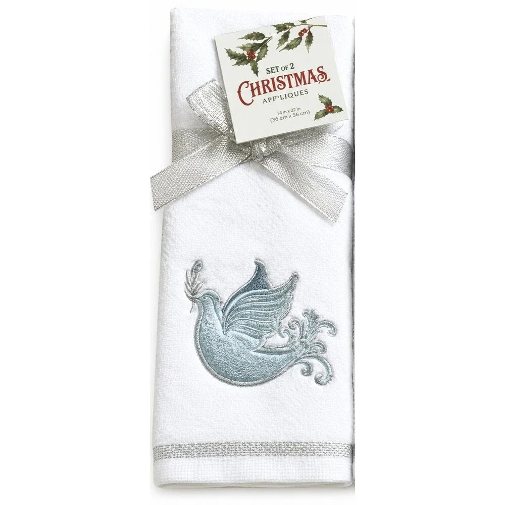 Christmas Fingertip Towels Set of 2 Peace Dove Embroidered Blue Guest Bath